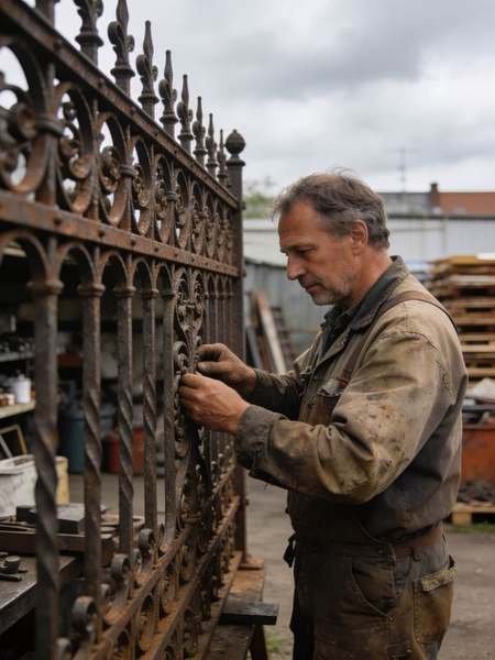 Schlosser begutachtet historischen Gusseisenzaun